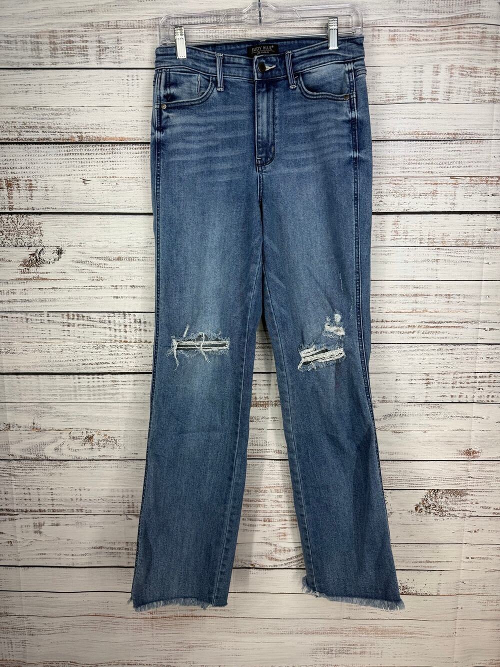 Judy Blue Straight Fit Jeans 26 High Rise Stretch Distressed Classic Raw Hem